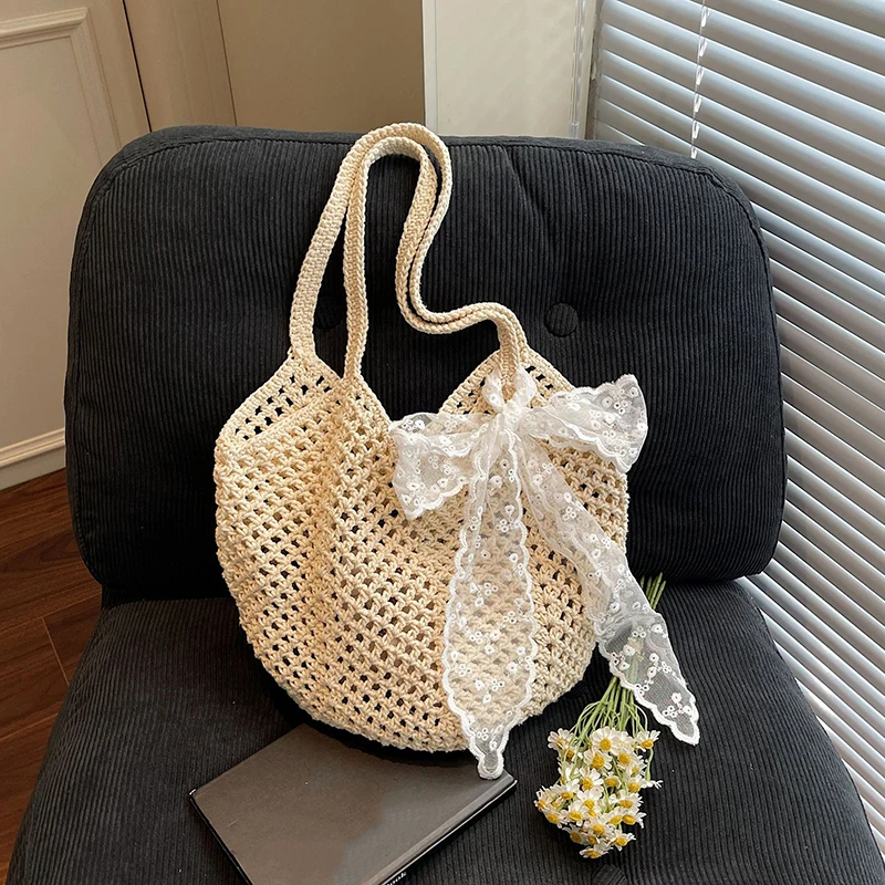 

Летняя пляжная тканая сумка-тоут для женщин, легкая полая сумка-шоппер большой вместимости, сумка через плечо