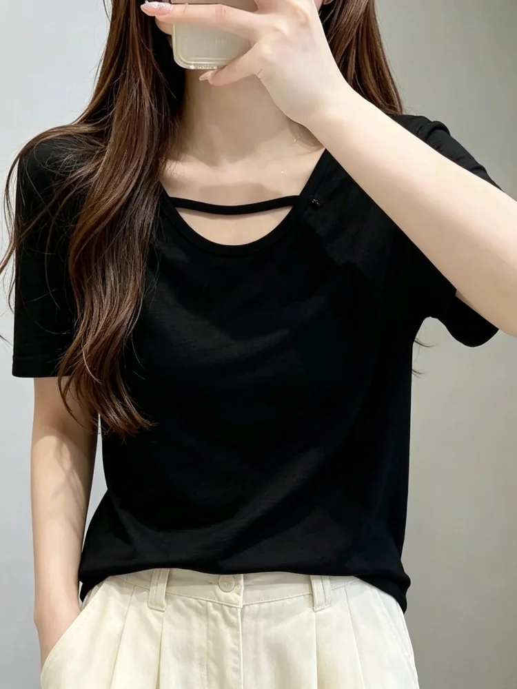 Korean Style Loose Short Sleeve U-Neck T-Shirt Women's Summer New Hollow out Diagonal Bar Collar Thin Thinming Slimming Top