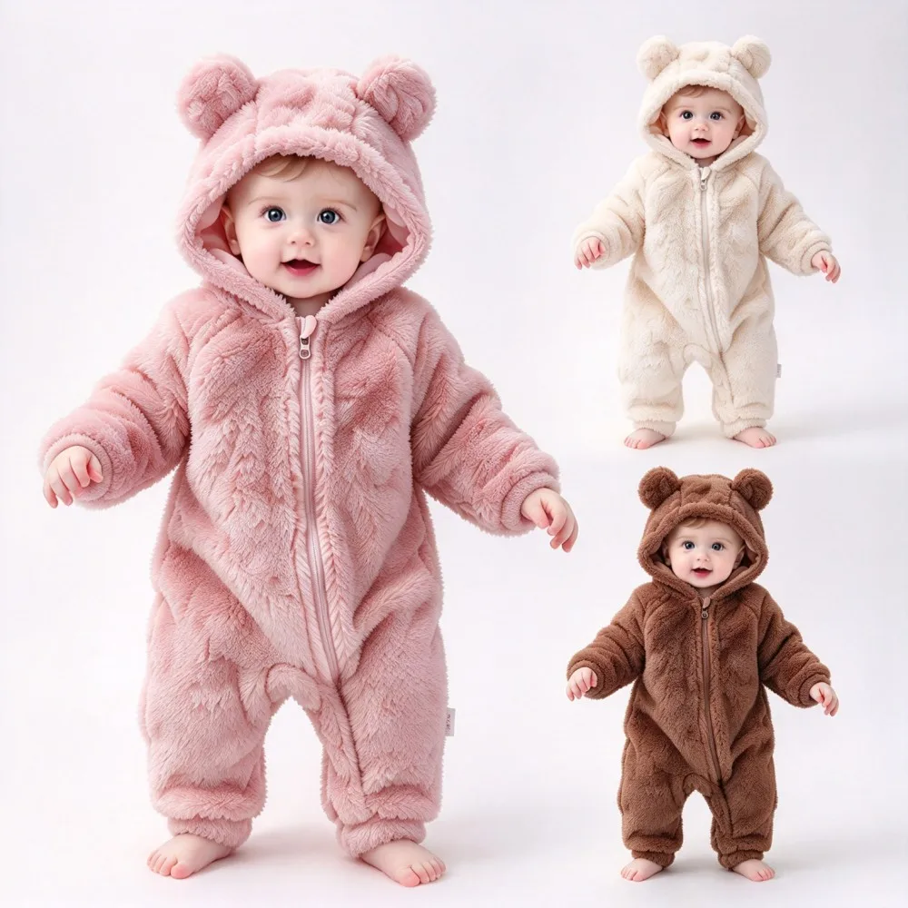 Winter Plush Flannel Rompers for Baby Kids Cute Bear Ear Hooded Jumpsuit Toddler Zipper Playsuits Infant Onesie Newborn Clothing
