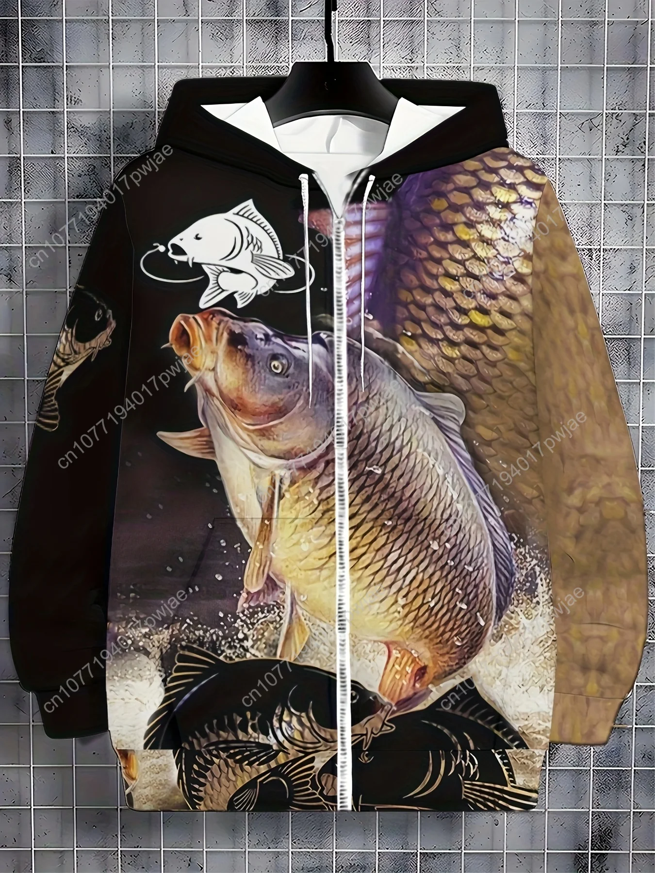 Giacca con cappuccio con zip e stampa termica da pesca da uomo / Cappotto caldo invernale a maniche lunghe con design a squame di pesce / Casual all'aperto durevole