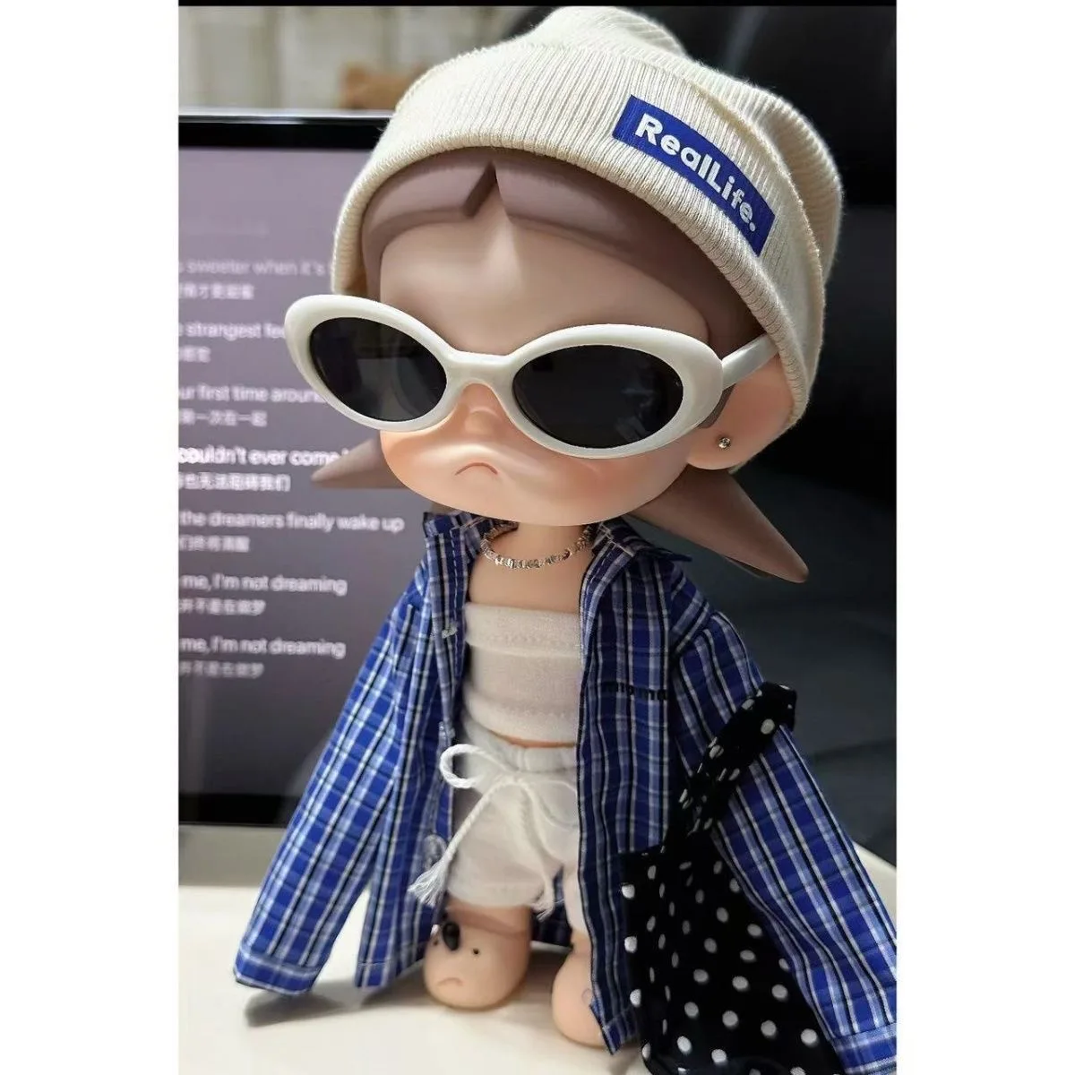 For Zsiga1/8 Dolls  Clothes 2026 New Modelblue Checkered Shirt Set Cute Cartoon Doll Dress Up  Hat Sunglasses Decorations