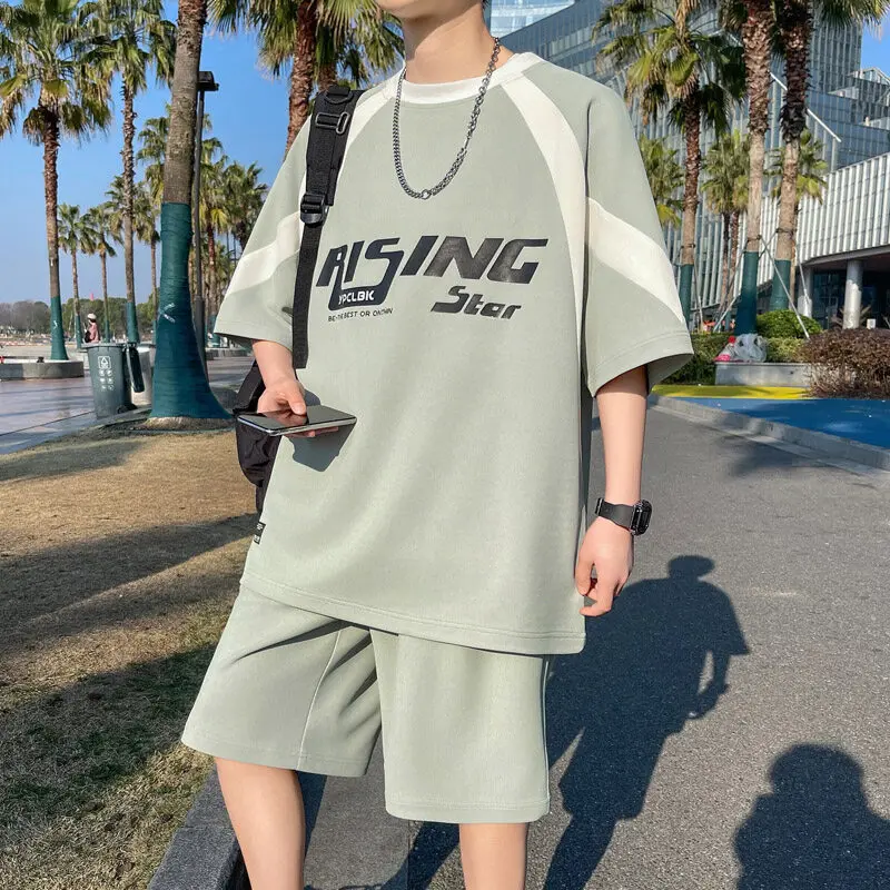 

Summer Men Sets Streetwear Short Sleeve T-Shirts +Shorts Breathable Chinese Style Man Sportswear 2 Pieces Suits
