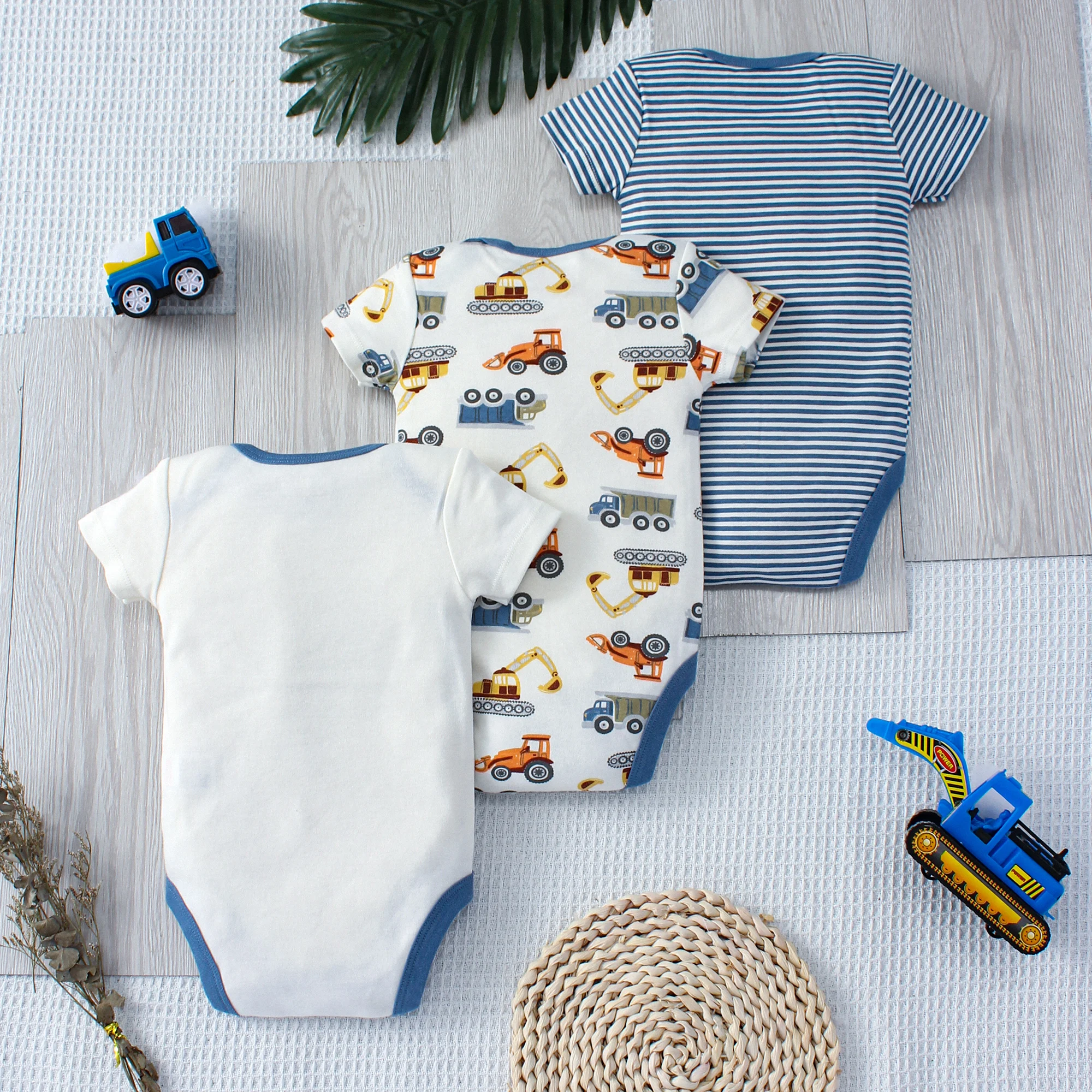 3PCS Summer Boys Baby Bodysuit Three piece Set Cartoon Excavator and Stripe Pattern Short Sleeve Button Design Triangle Bodysuit