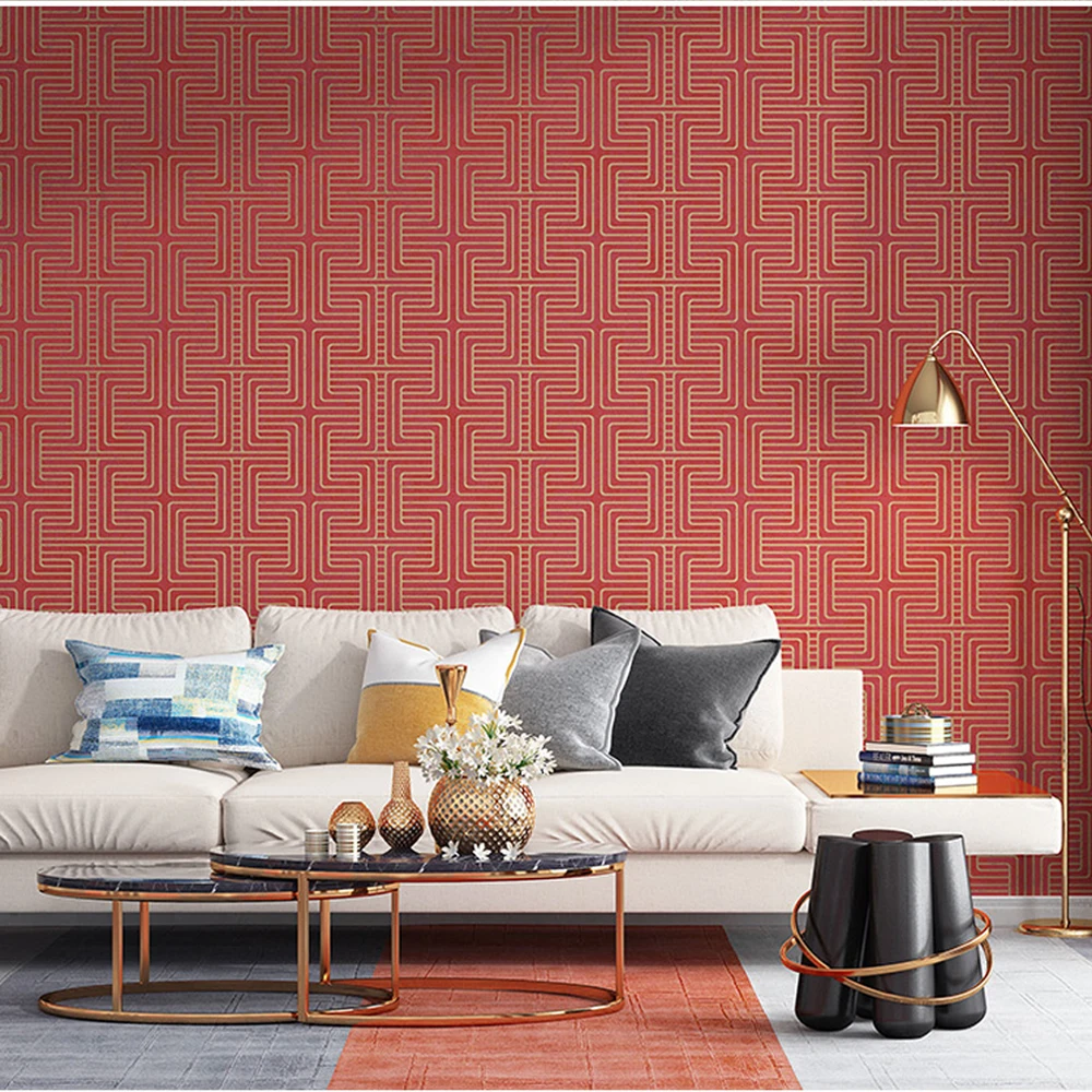 

Greek Key Lattice Geometric Wallpaper Red Hotel Study Tv Sofa Background Wall Wallpaper Waterproof Living Room Bedroom Mural