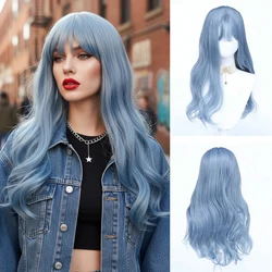 MSIWIGS Long Wavy Cosplay Synthetic Wigs Blue With Bangs for Women Cos Party Lolita Wig