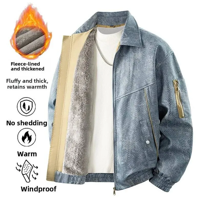 

Men's Large Size Fleece Lined Denim Jacket Casual Loose Warm Trendy Design Zipper Closure Long Sleeve Outerwear For Winter