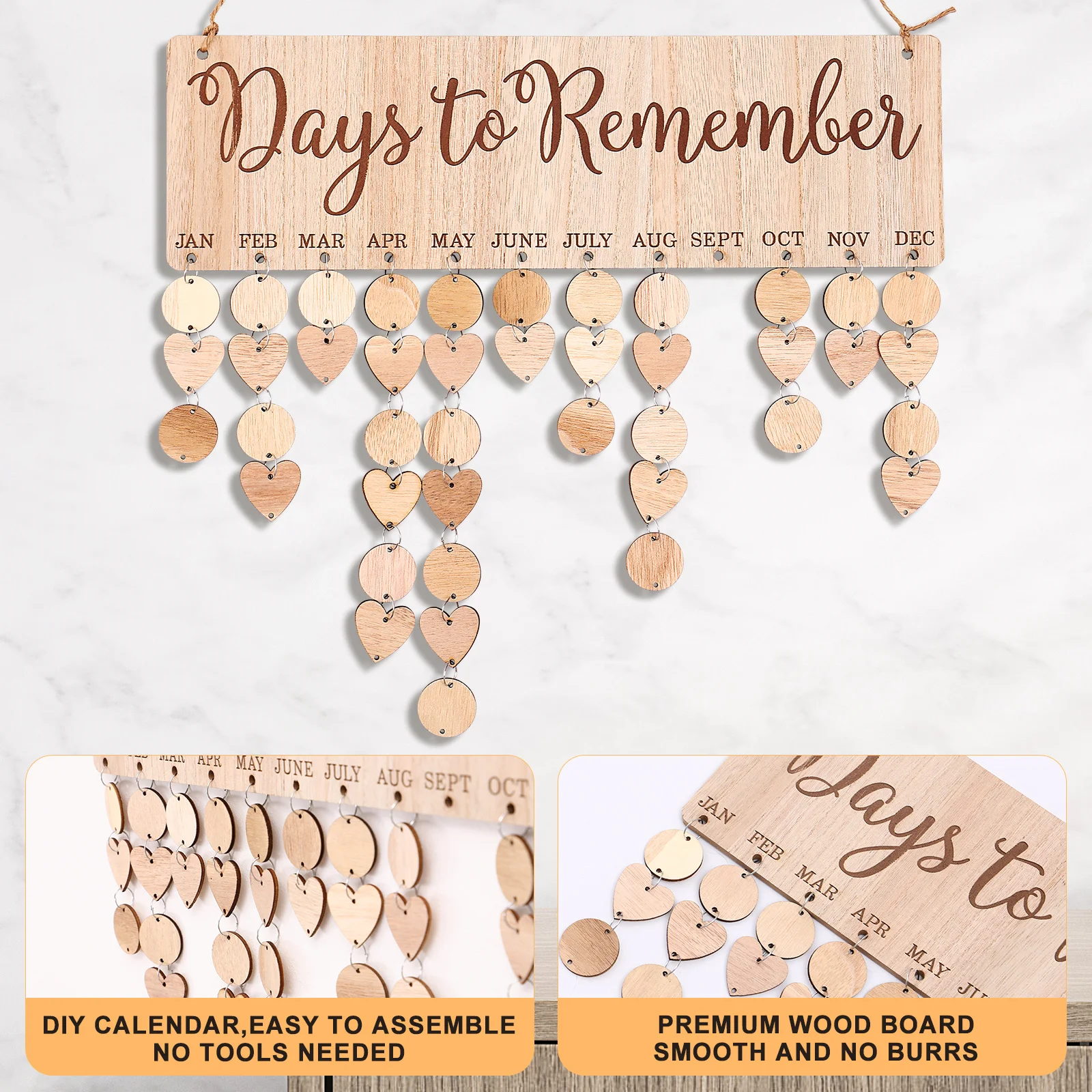 

1 set 1 Set Wooden Calendar Hanging Board Diy Birthday Reminder Plaque For Family Anniversary Christmas Gift Wood Slice Wall