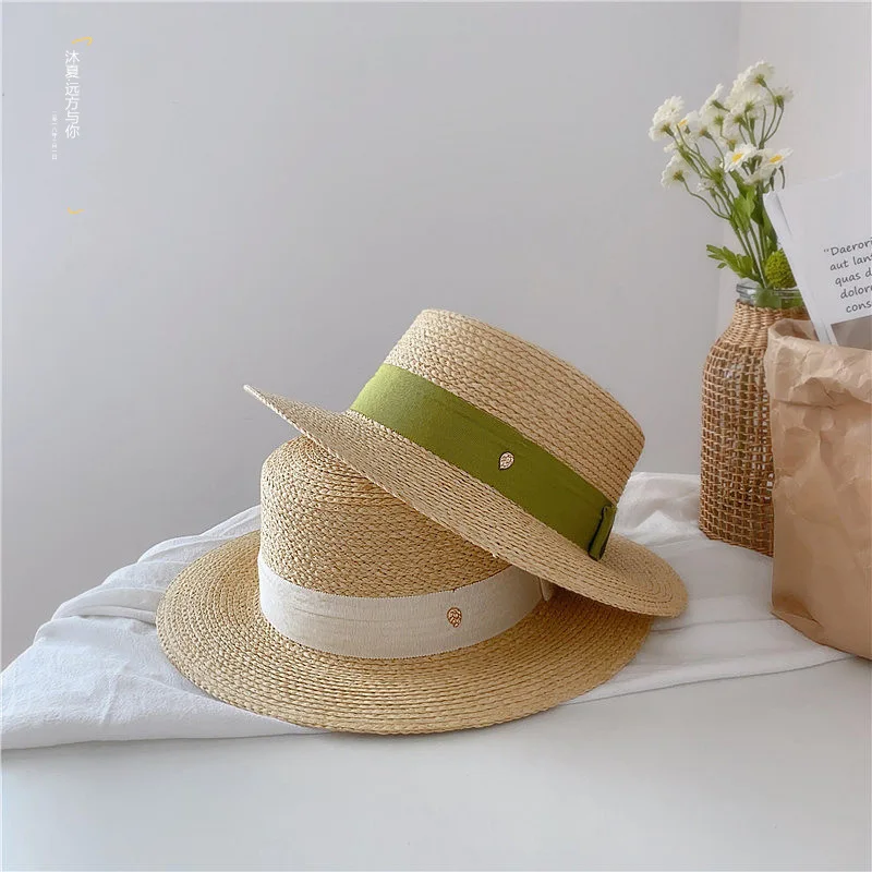 Natural Straw Boater Top Flat Hat for Women Summer Beach Flat Brim Cap With Ribbon For Holiday Party chapeau femme