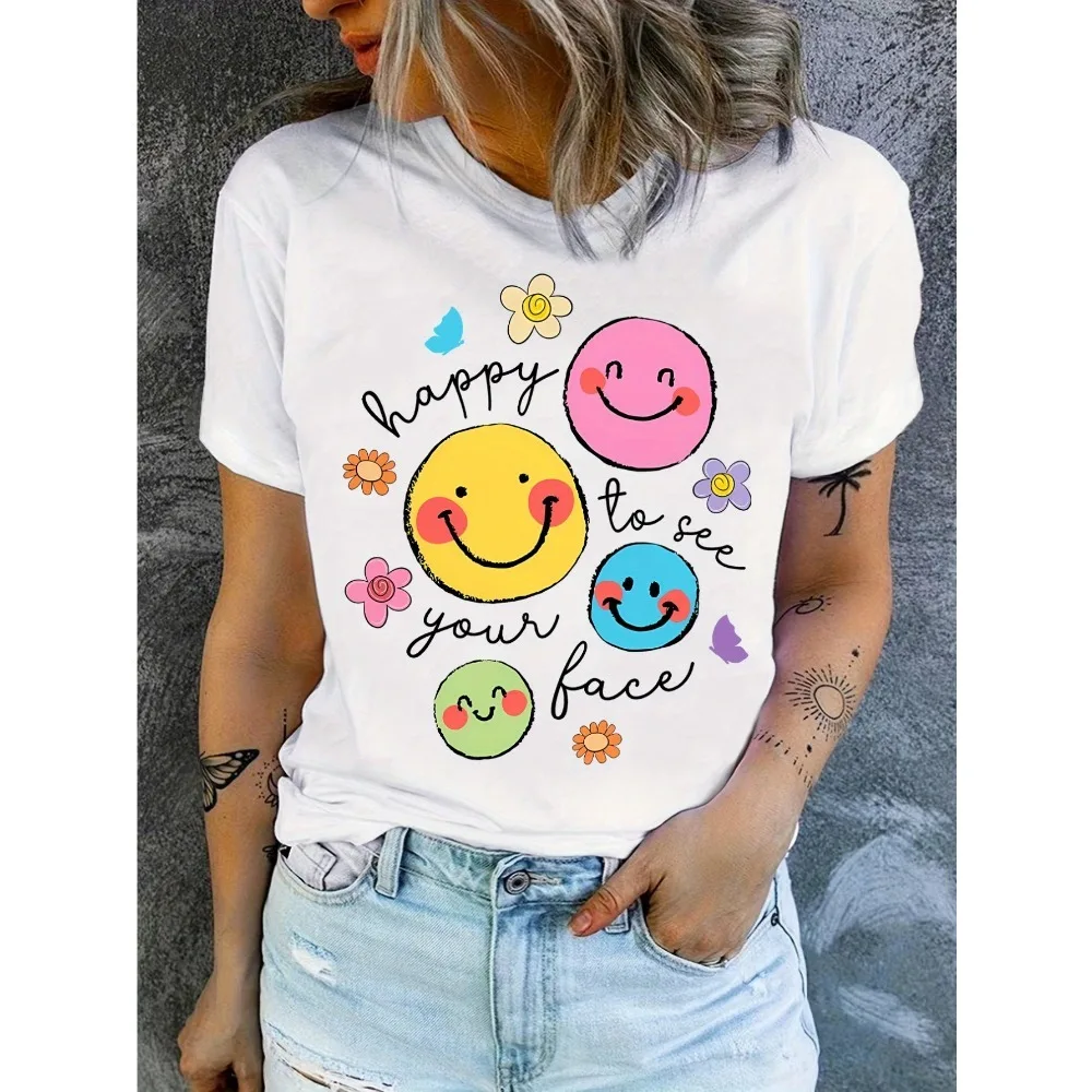 Funny Cartoon Joyful Face Printed T-Shirt Back to Teacher T-Shirt Happy to See Your Face T-Shirt Teacher Life T-Shirt Teacher