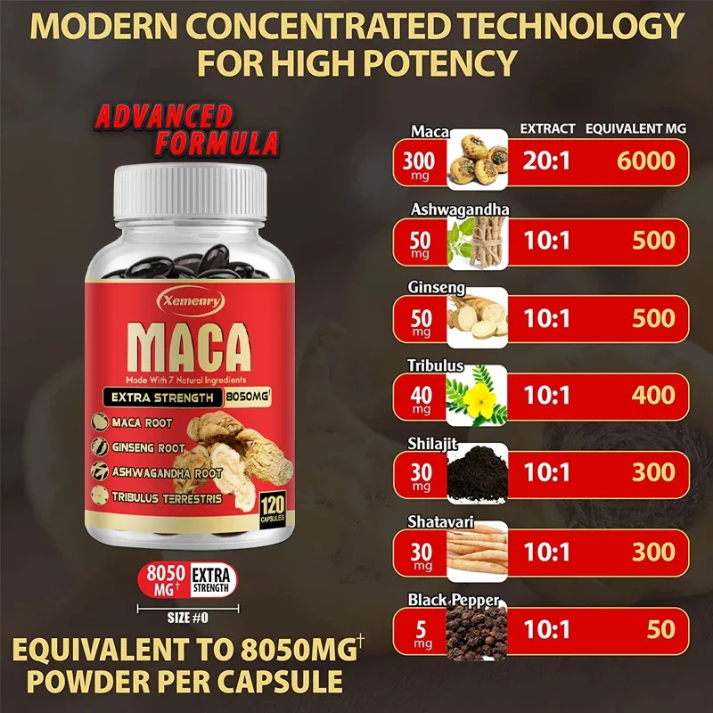 Xemenry maca capsules contain ashwagandha root, ginseng root, tribulus terrestris and other extracts