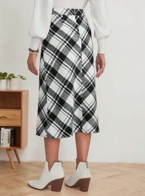 2025 ريترو موضة مزاجه منقوشة تنورة الخريف المرأة النمط الكلاسيكي المألوف سليم صالح عالية الخصر الدافئة ألف خط تنورة طويلة