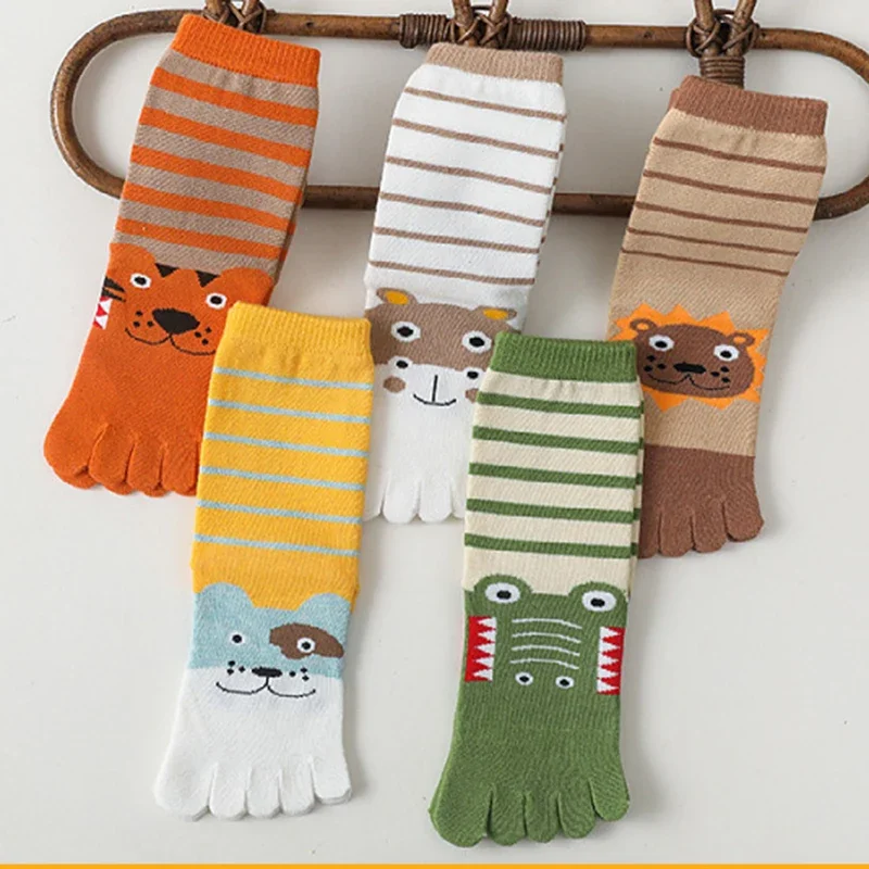 Cute Boys Girls Five Fingers Toe Socks Kids Cartoon Animals Printed Striped Cotton Calf Socks Stocking