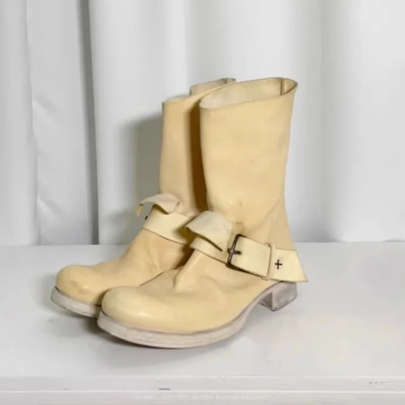 

Beige Leather Western Boots Women's Short Boots Upturned Knight Boots Back Zipper Fashion Boots Trend Brand Design Shoes