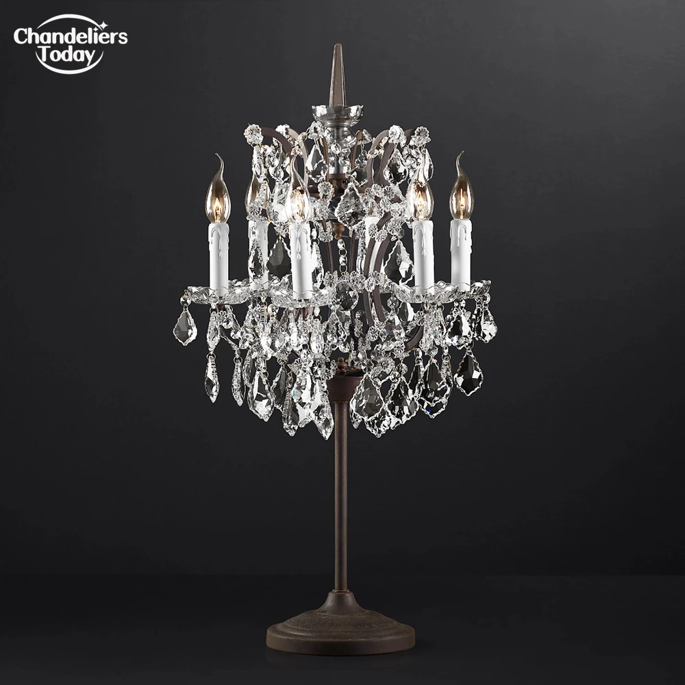 19th C. Rococo Iron & Crystal Table Lamp Classic 6-Light LED Rustic Desk Lamp Clear Smoke Cristal Industial Light for Bedroom