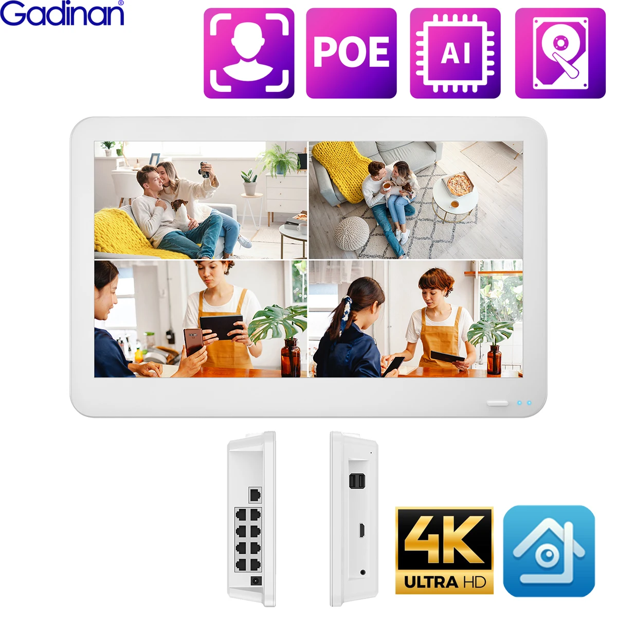 

Gadinan 8MP (4K) HD POE 4CH/8CH 12 inch Display Integrated NVR IP Camera CCTV System H.265AI Face Detection Network Surveillance