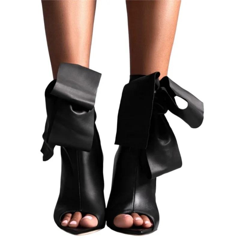

Butterfly-Knot Soild Pointed Toe Mid-Calf Summer Women Sandals Stiletto High Heels Side Zipper Design Large Size Shoes