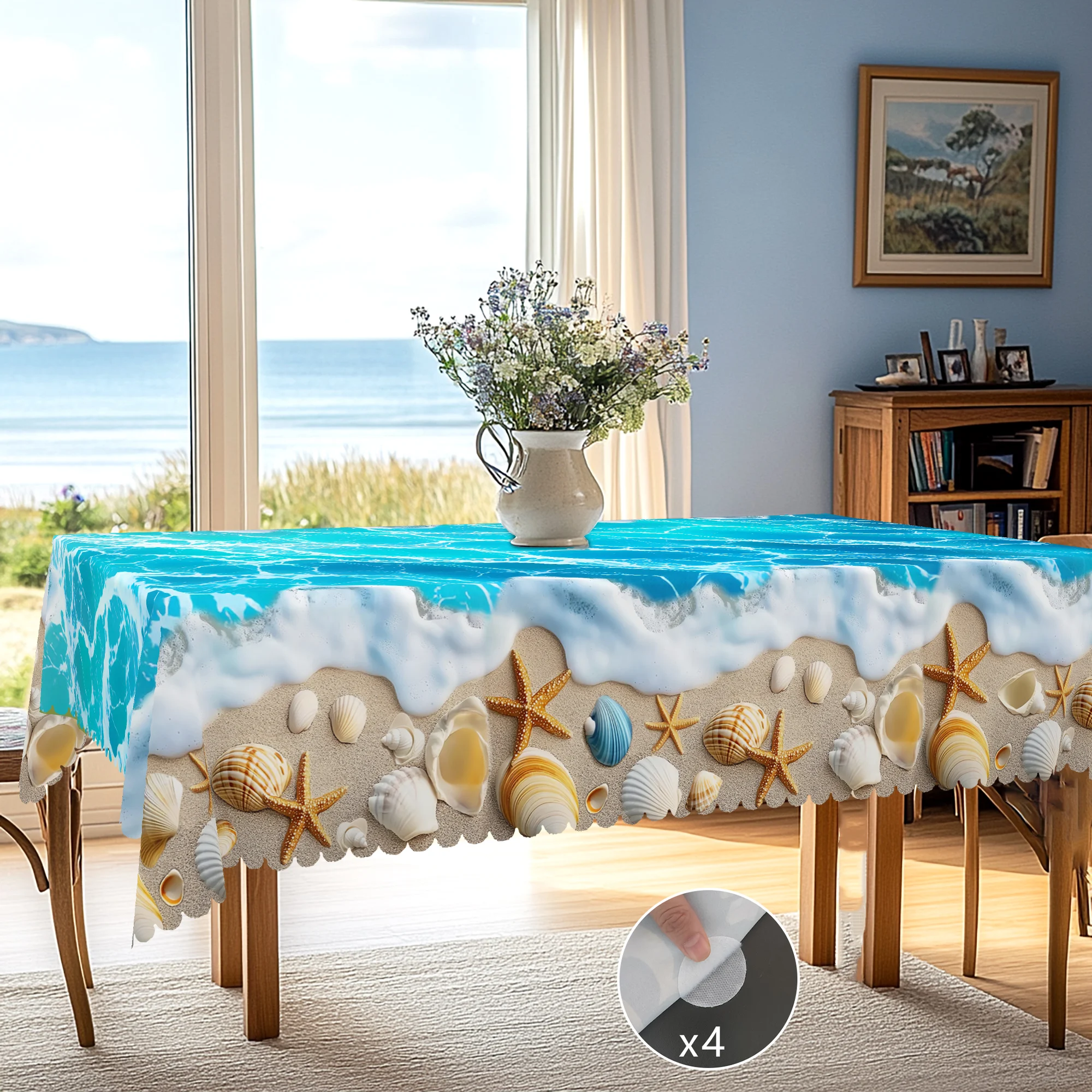 1 Piece of Summer Ocean Theme Printed Tablecloth, Ocean, Beach, Shell, Starfish Pattern Design, Suitable for Spring and Summer Holiday Parties, Camping, Picnic, Garden Birthday Party Decoration, Kitchen Accessories, Restaurant Terrace, Indoor and Outdoor Tablecloths, Perfect Gifts for Friends, Multiple Sizes Available