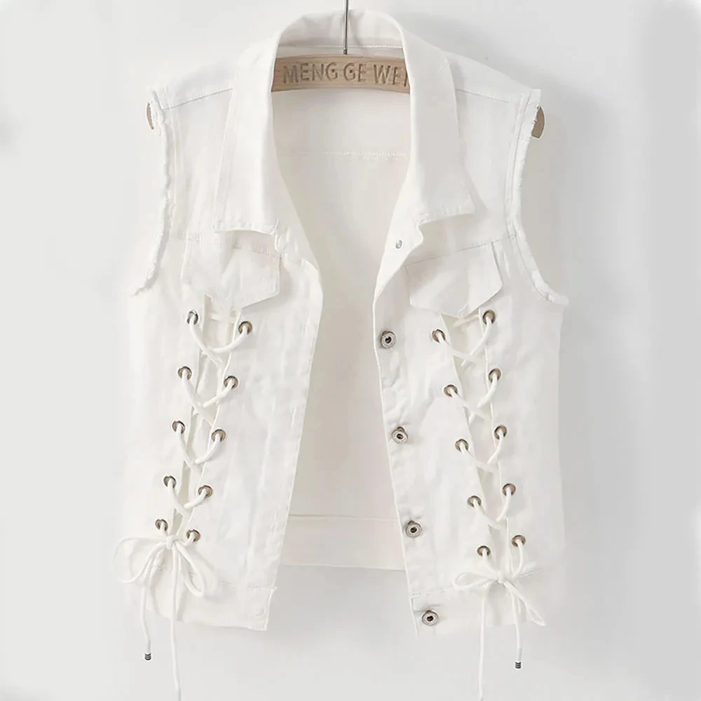 Sleeveless Women's Vest Spring And Autumn New White Denim Waistcoat Fashion Lace-Up  Black Short Jackets Jeans Coats Outerwear