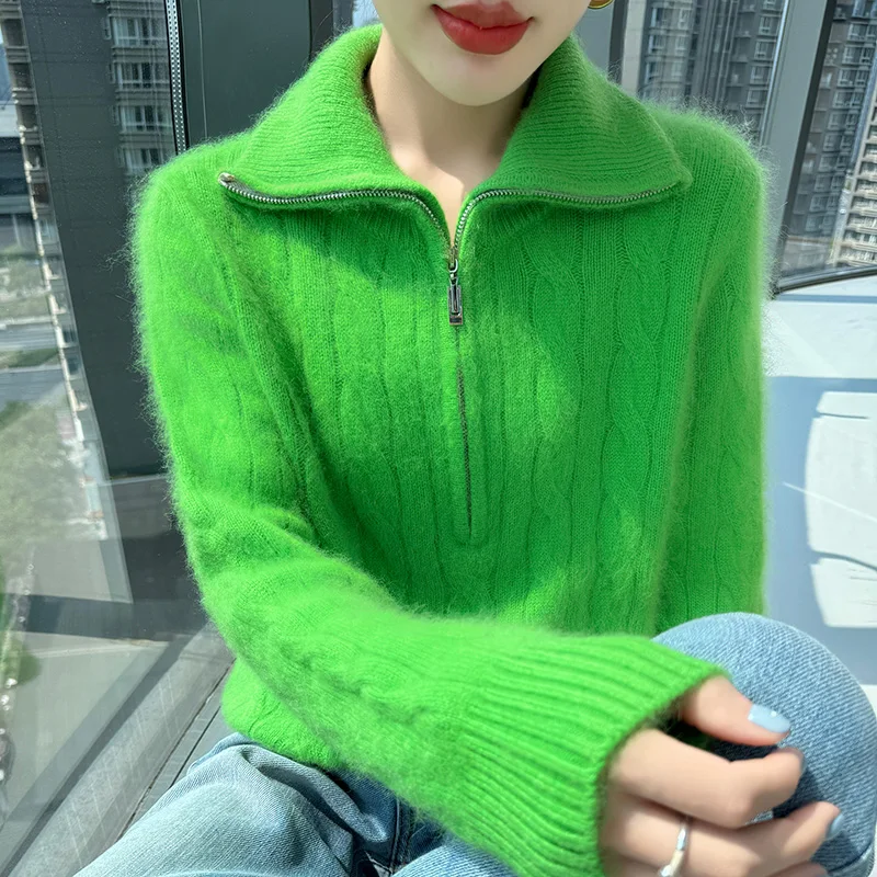 

Женский свитер из 100% чистого кашемира норки, вязаный, зимний, новый, с полумолнией, воротником-гольф, свободный, с узором косы, теплый, базовая кофта с отложным воротником