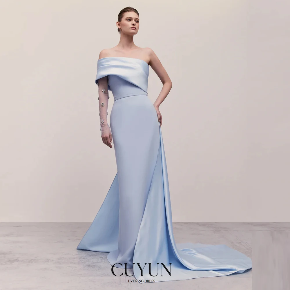 

CUYUN One Shoulder Blue Evening Dresses Formal Women Party Dresses with Train Customized Evening Gown for Special Occasion