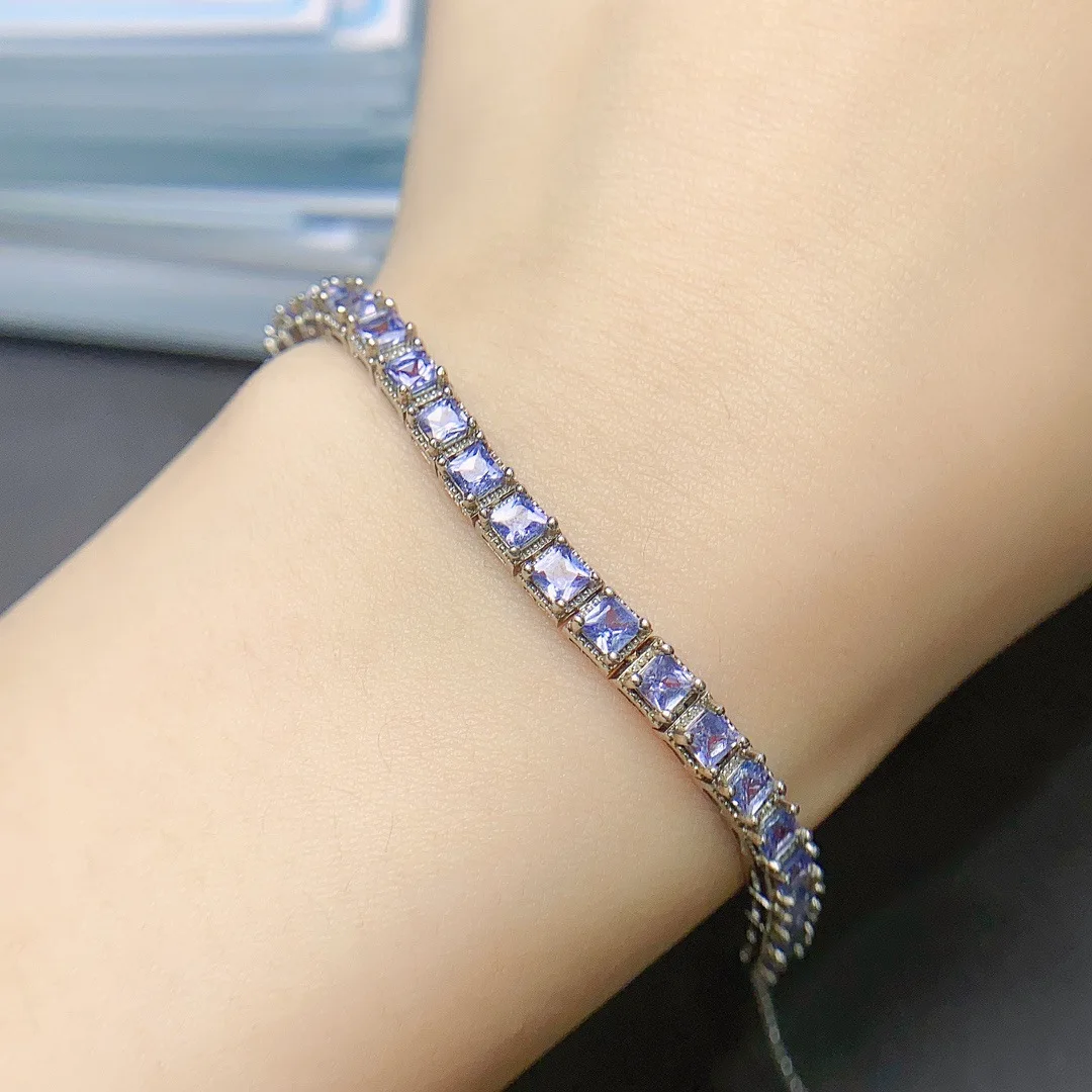 Natural Tanzanite Bracelet 3x3mm, S925 Silver Inlaid Violet Blue Gemstone Jewelry
