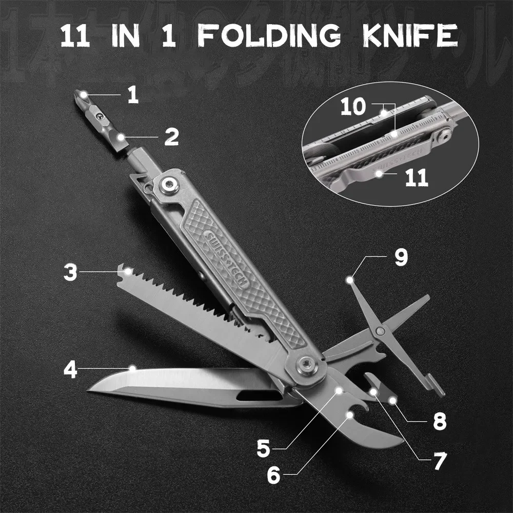 SWISS TECH 11 in 1 Folding Multitool Mini EDC Tactical Camping Survival Tools Outdoor Pocket Knife Scissors Saw Blade