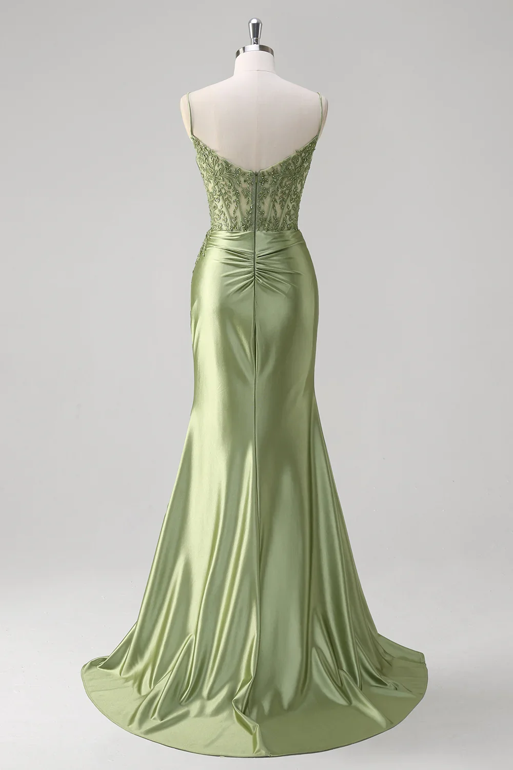 Msikoods vestido de noche de satén verde personalizado 2025 vestido de fiesta con corsé correa de espagueti con cuentas vestido de noche de fiesta de sirena con abertura larga