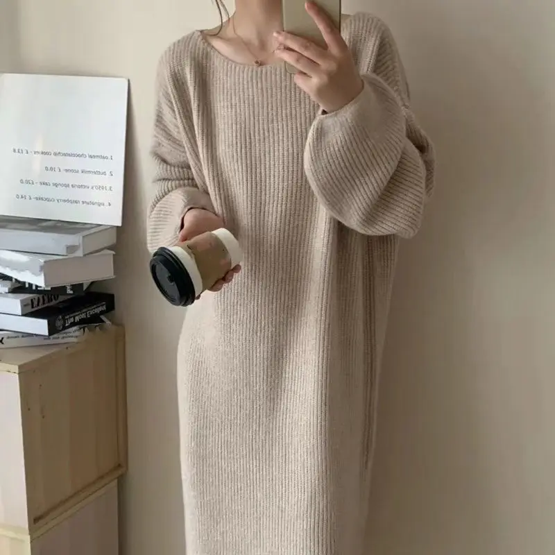 Women Round Neck Knit Dresses Loose Solid Casual Long Dress Full Sleeve Spliced Straight Warm Office Lady Vestidos Winter 2025