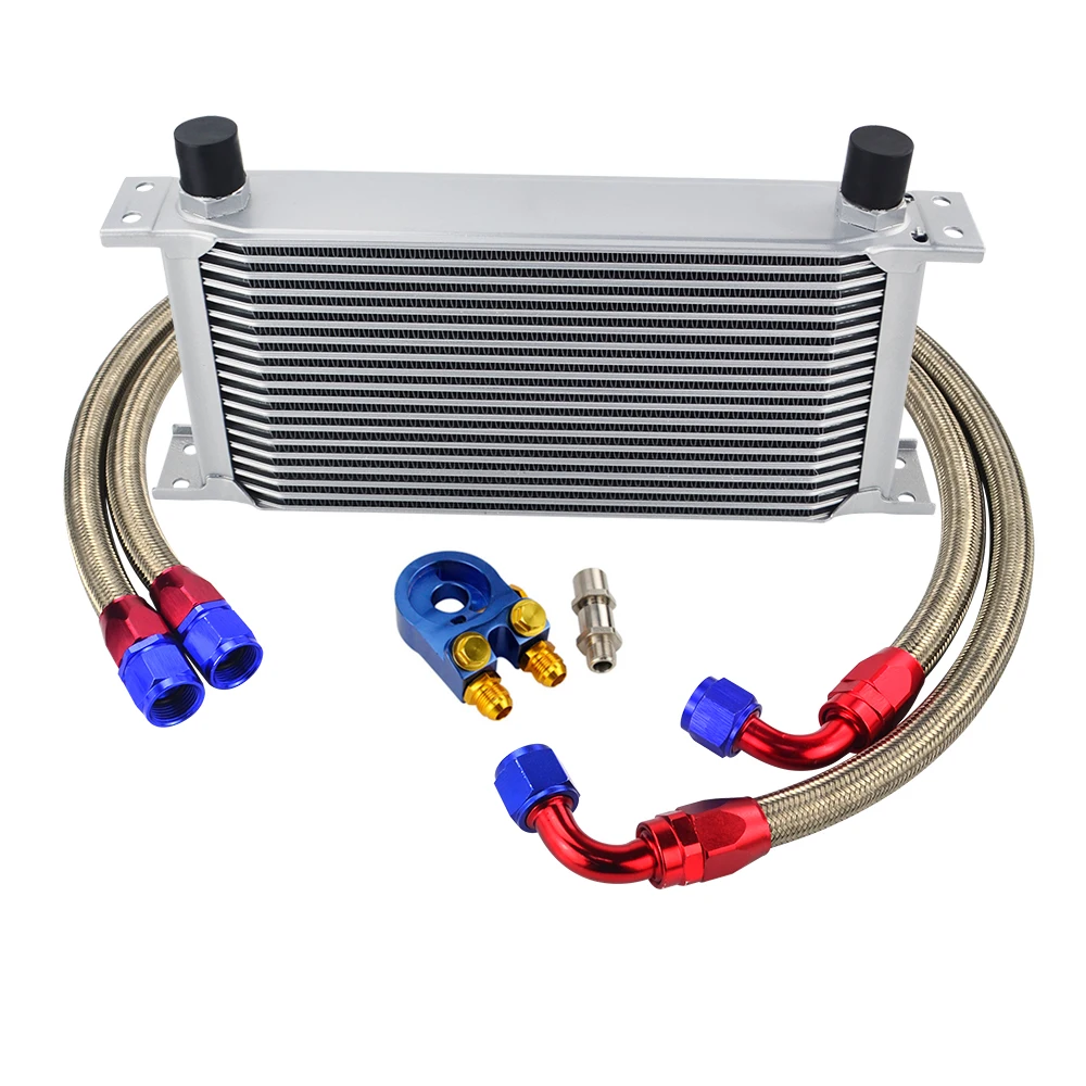 Universal 19 Rows Oil Cooler Kit +Oil Filter Sandwich + Stainless Steel Braided An10 Hose With PQY Sticker+Box