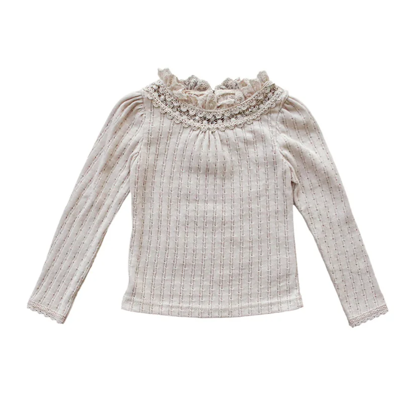 Spring Autumn Children T-shirt Striped Sweatshirts Long Sleeves Cotton Baby Girls Round Collar Lace Blouse Tops for Girls CC014