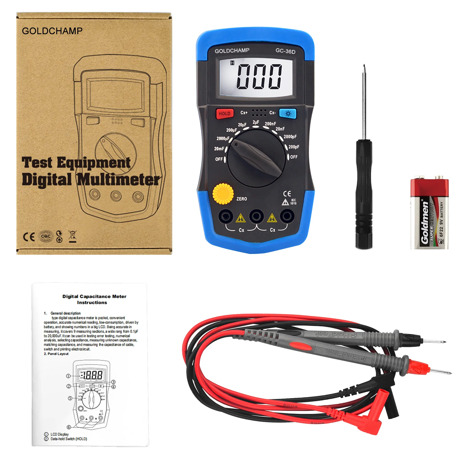 HoldPeak 1999 Counts Manual Handheld Meter,for Capacimetro Digital Capacitance Capacitor Electronic-Tool with Backlight,HP-36D