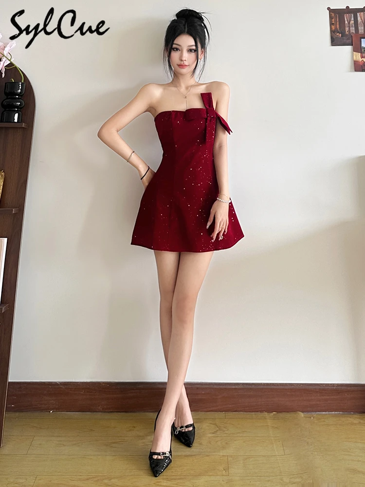 Fine Flash Mince Tempérament À La Mode Mini Moulante SylCue Femmes Élégantes Robe De Noël Croix Noeuds Wrap Sans Manches Dos Nu