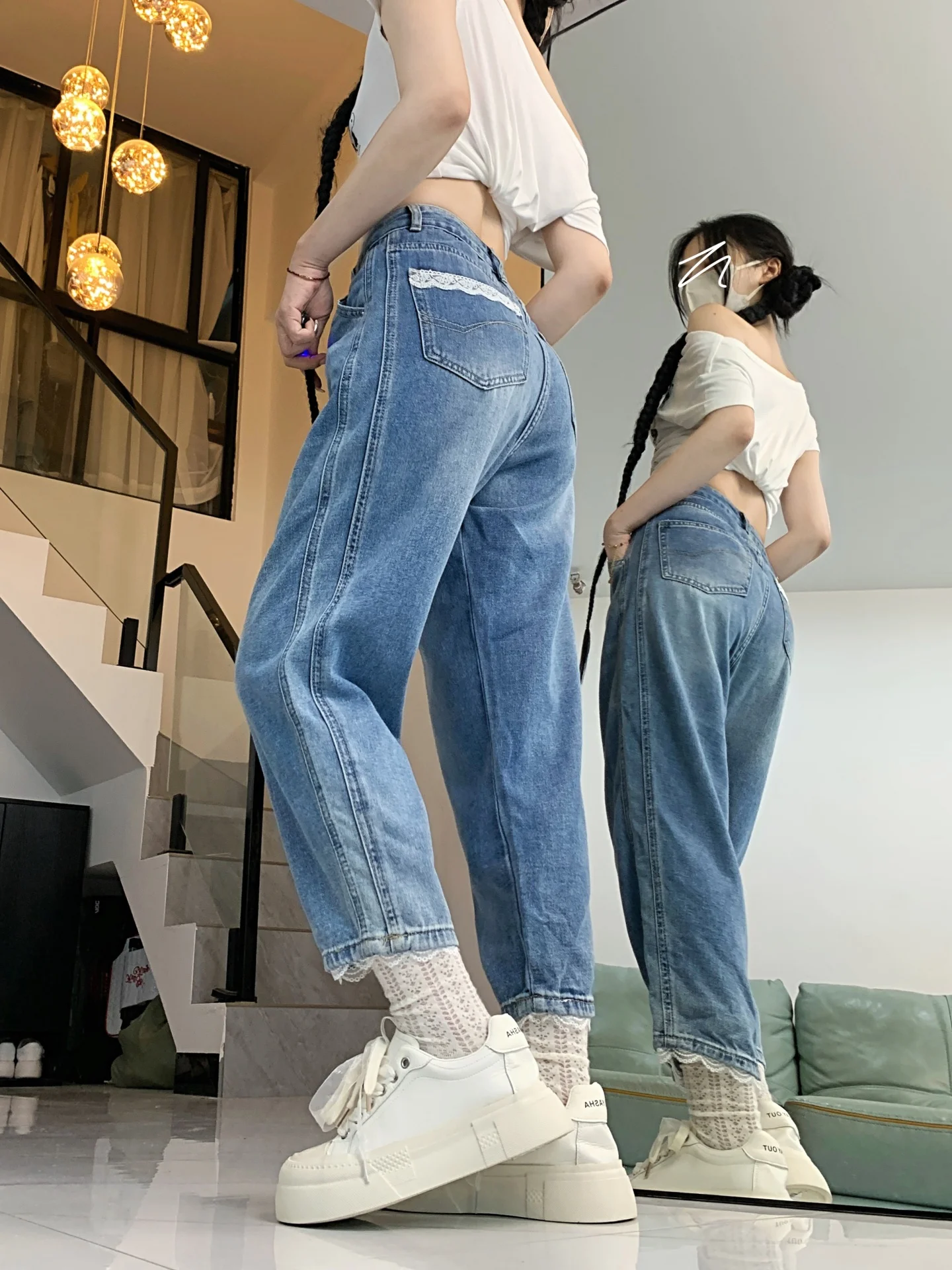 Plus Size Jeans met hoge taille en rechte pijpen Dames Kantdetail Losvallende casual denimbroek Herfstkleding voor dames in grote maten