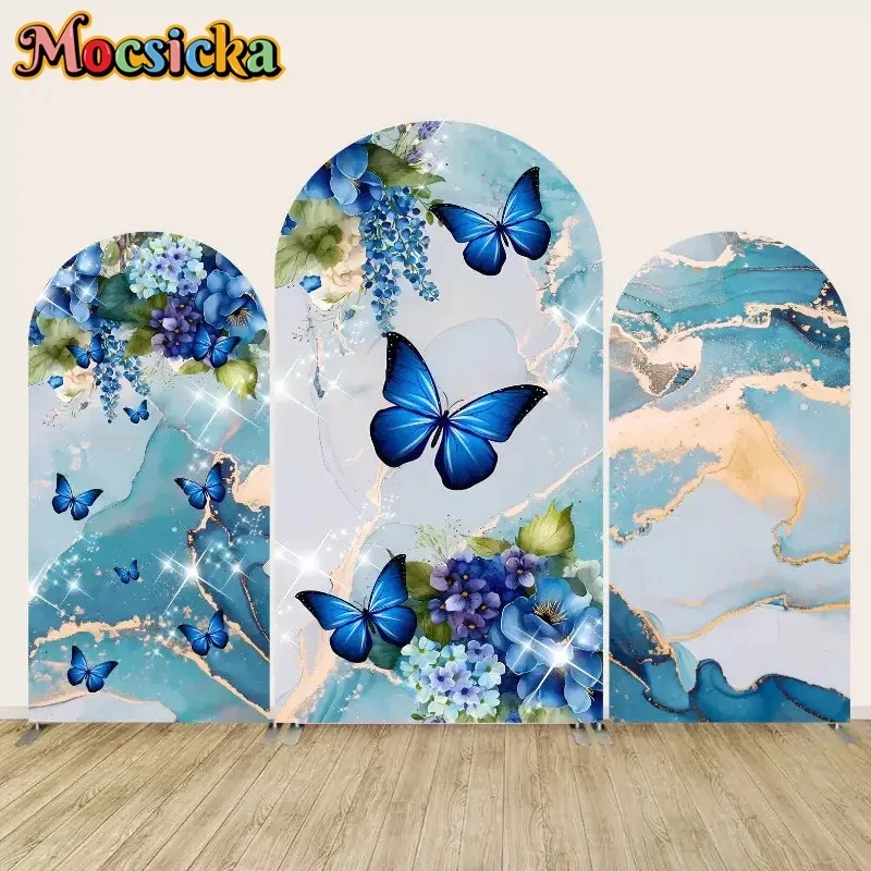 

Mocsicka Blue Butterfly Arch Backdrop Cover Customize Kids Birthday Arched Wall Photography Background Baby Shower