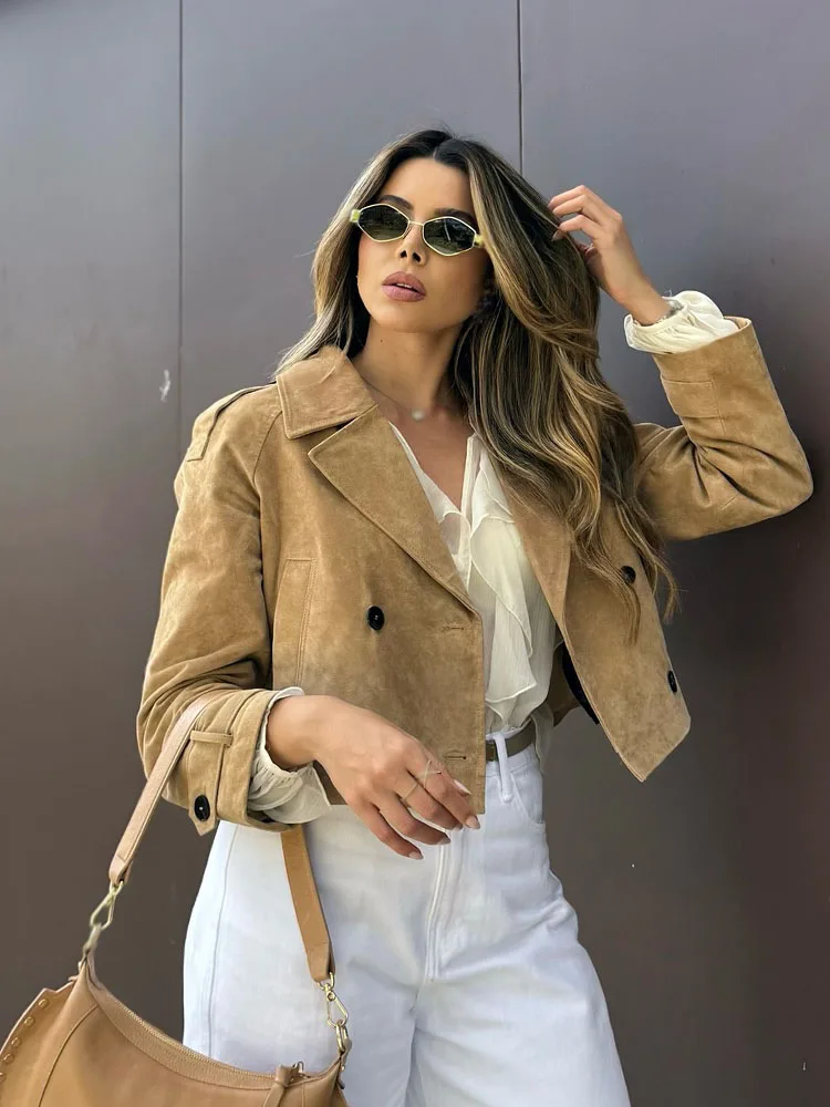 

HH Women Elegant Pocket Double-Breasted Design Casual Short Jacket Autumn Woman Chic Lapel Long Sleeves High Street Coats