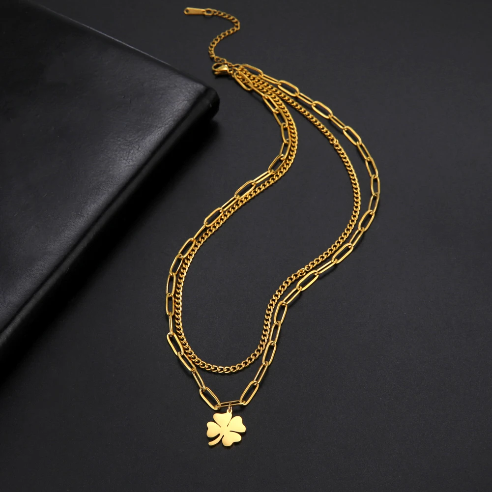 Kkjoy Edelstahl Pflanze Vierblättriges Kleeblatt Anhänger Halskette Mode Elegante Feminine Kurze Schlüsselbein Kette Halskette Schmuck – Detail 30