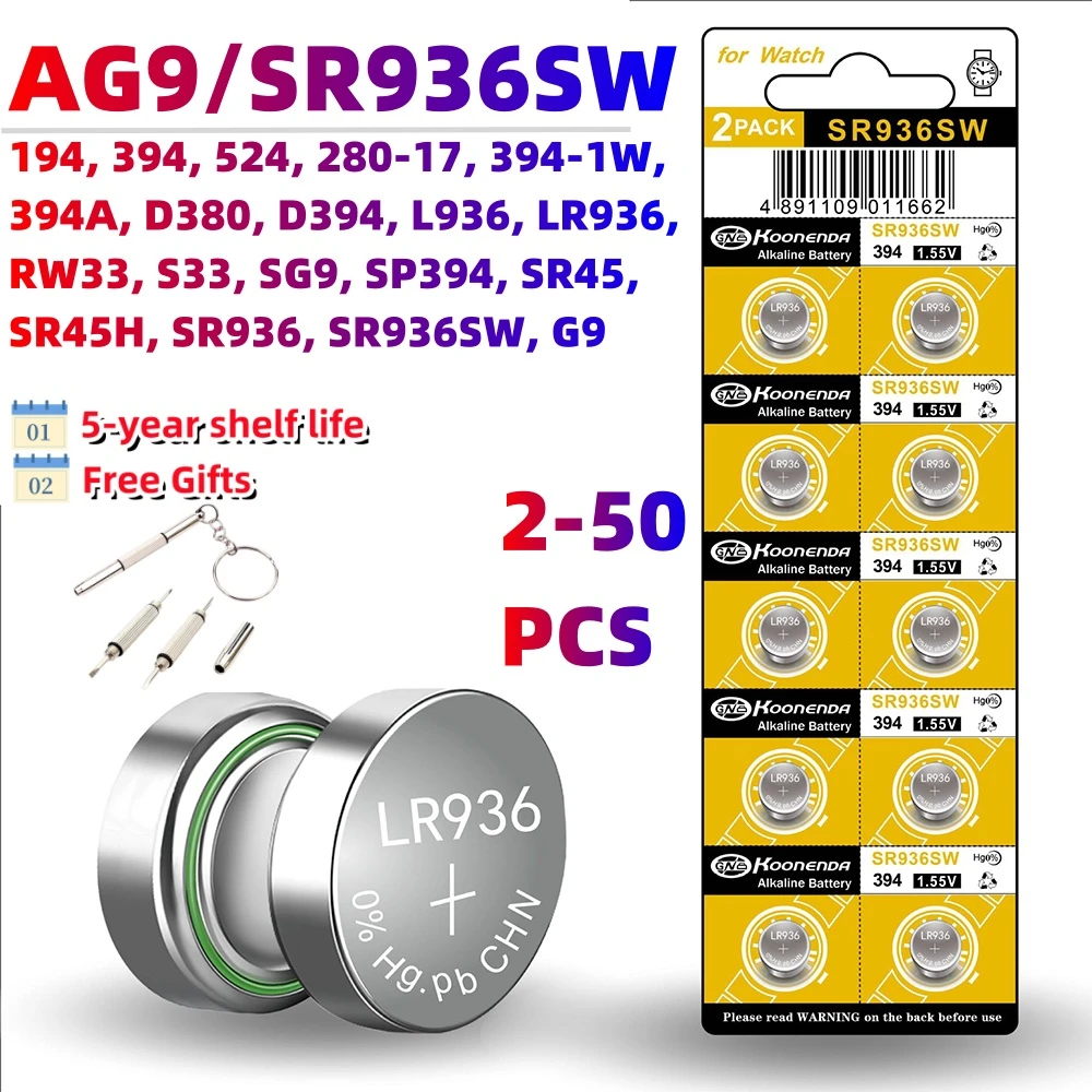 Alkaline Button Cell Battery AG9 SR936SW/394 LR936 Batteries 1.55v  for Hearing aids Watches calculators Thermometer Toys ect