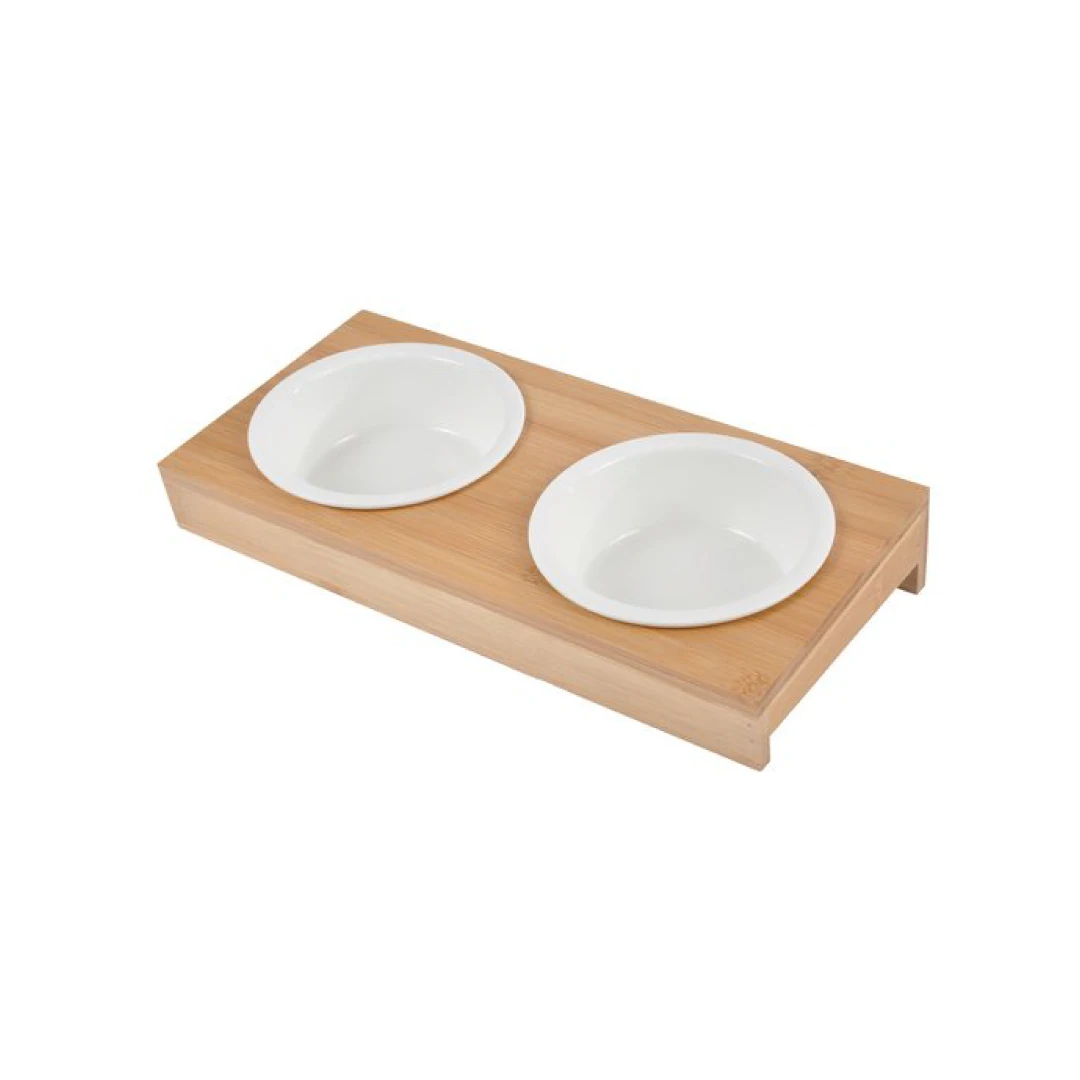 Cuenco Doble de cerámica con Soporte bambú Natural D12 cm, 29,5 x 14 cm, Color Blanco - Sweet Home