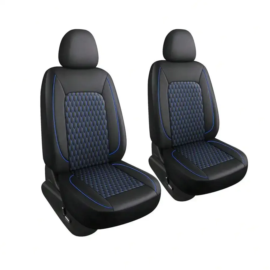 Two-Seat Car Seat Covers (Driver And Front Passenger), Fully Enclosed, Leather Details, Hexagonal Diamond Pattern, Waterproof An