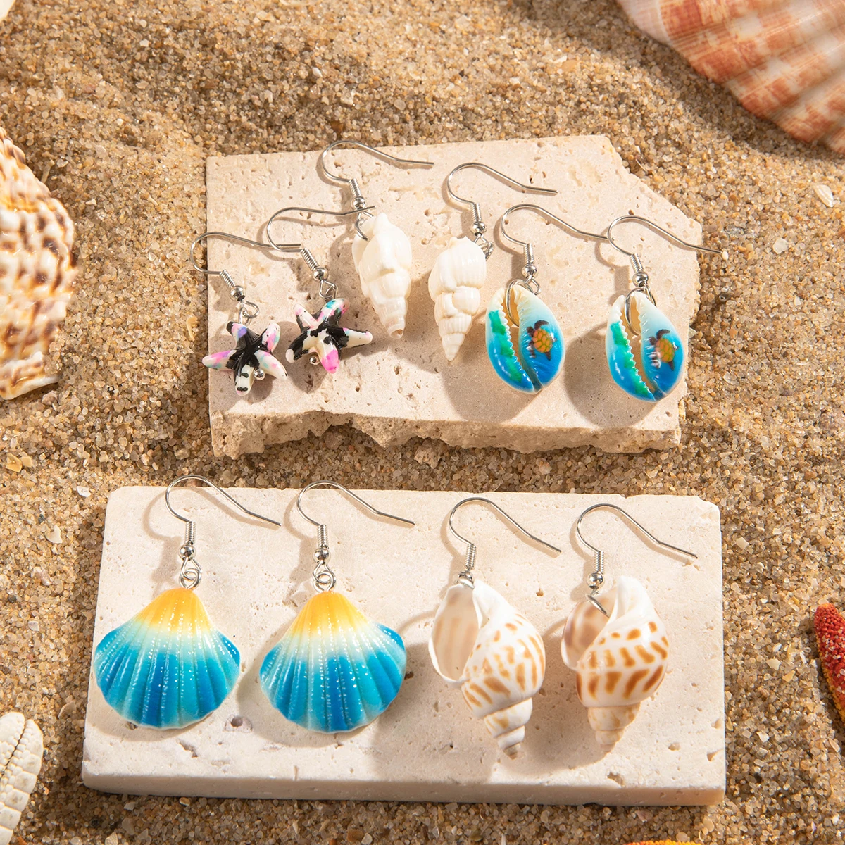 docona 5pairts Bohemian Multicolor Conch Shell Earrings Set for Women Exuquisite Starfish Summer Party Jewelry Accessories