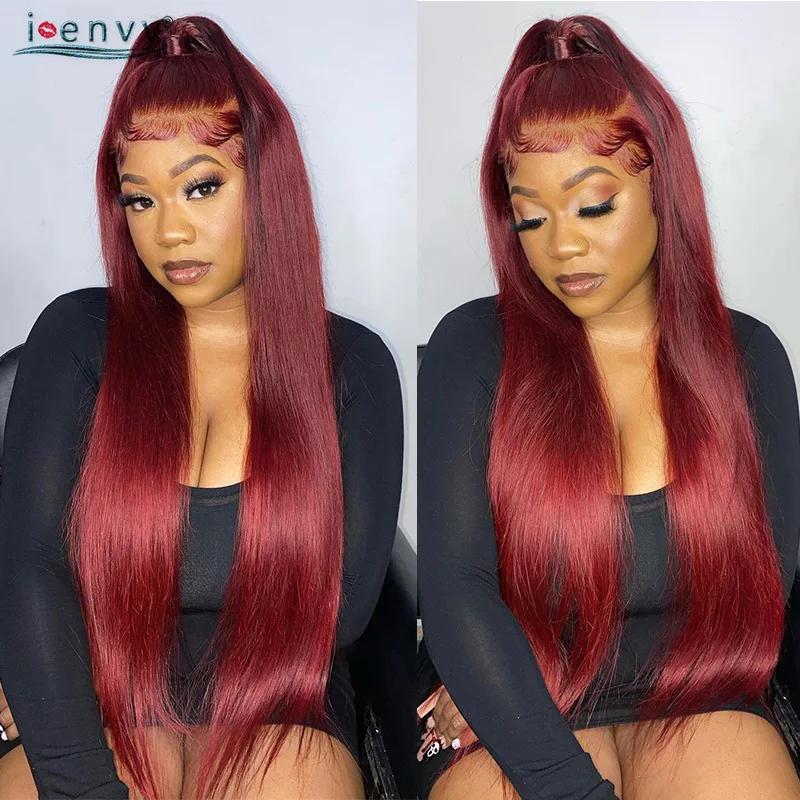 13x6 99J Burgundy Lace Front Human Hair Wig Straight 13X4 Hd Lace Frontal Wigs Pre Plucked Women Red Lace Front Wigs 32 Inches