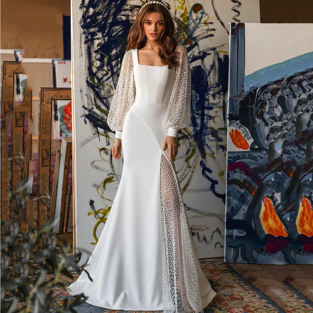 

Sexy Mermaid Wedding Dress Square Neck Long Sleeves Appliques Bridal Gowns 2024 White Brides Robes Vestido De Novia