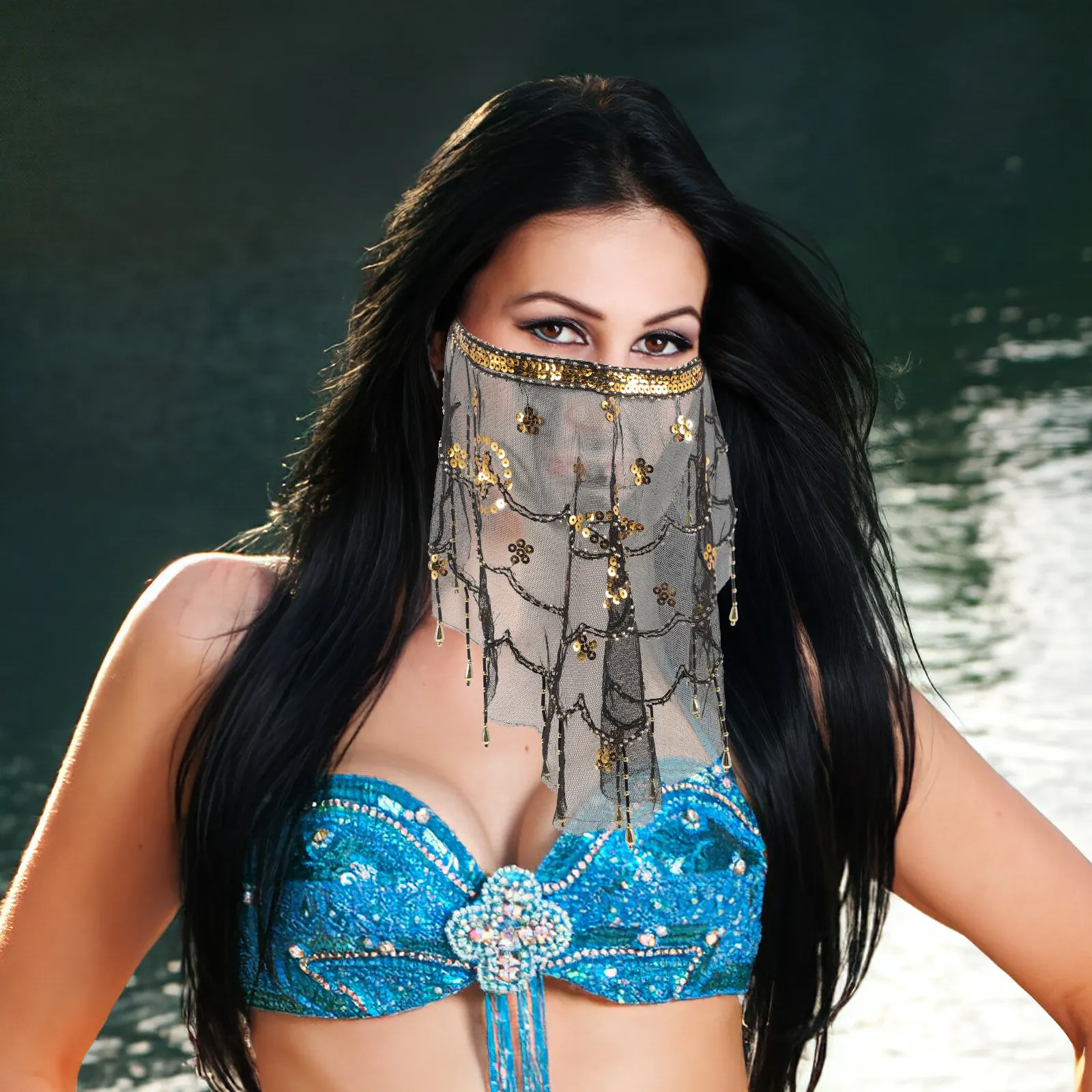 

Belly Dance Veil Women Gold Beaded Mesh Fabric Face Chain Elegant Scarf Performance Prop Party Masquerade Mask Costume Accessory