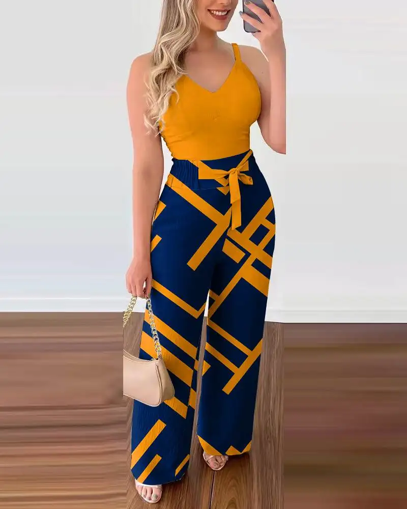 

High Waist Pants Set Casual Straight Leg Vest Print Women's Faion Set Autumn 2023 Seasonal Collection
