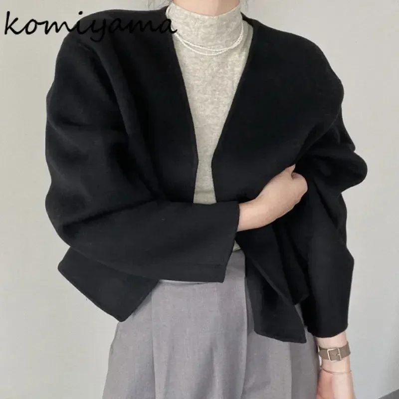 Komiyama Fashion Simple Jackets V Neck Long Sleeve Coats Minimalist Spring Winter Clothes Women Solid All Match Workwear