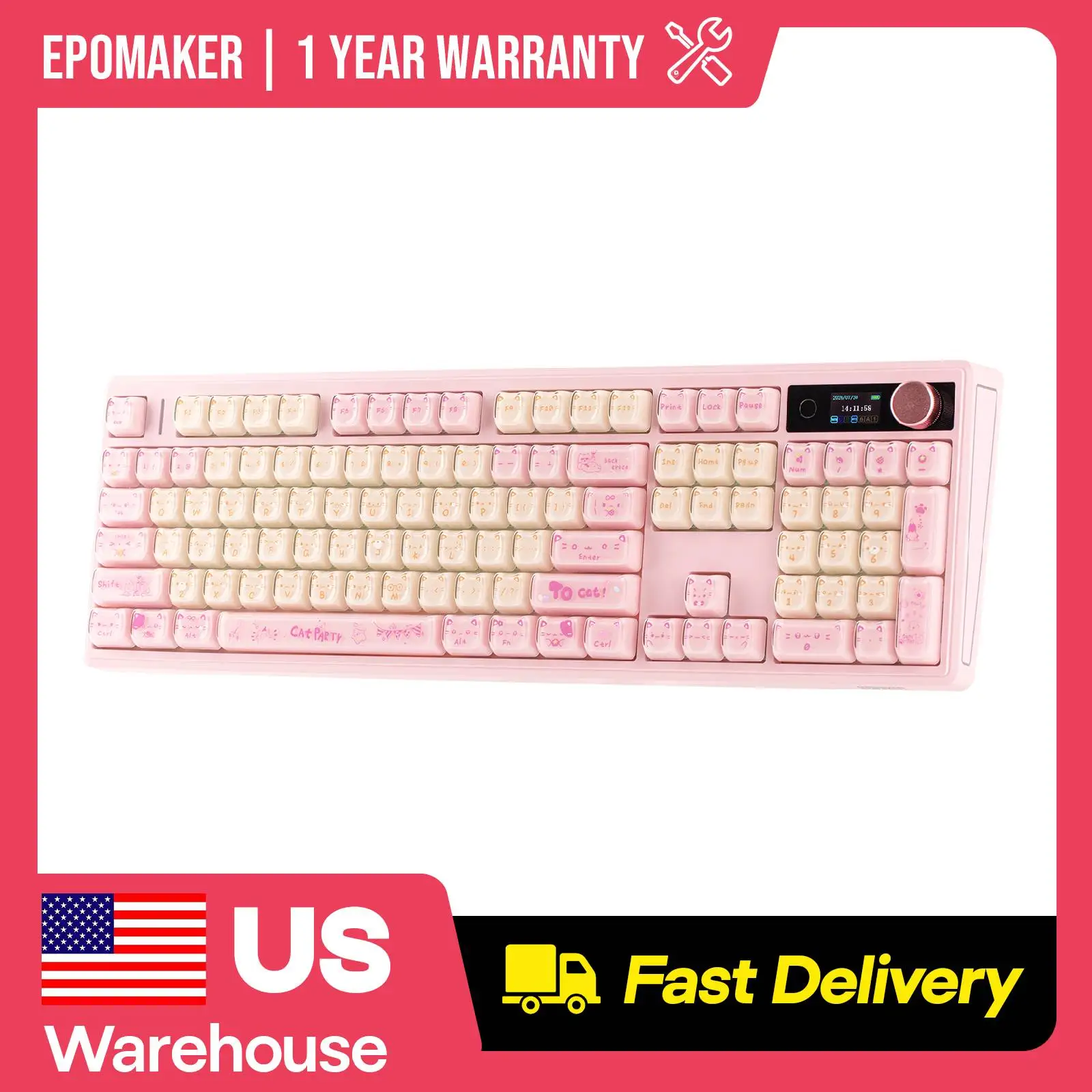 EPOMAKER JellyPaw Keycaps Set 128 MAO Profile Cute Cat UV Print Keycaps Compatible with MX-Style Switch for Mechanical Keyboards