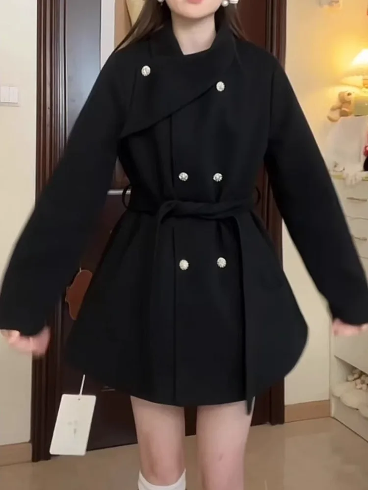 Korean Style Women's Short Woolen Coat Waist-Cinching Black Fall Winter Fashionable Versatile Small Size Friendly Coat