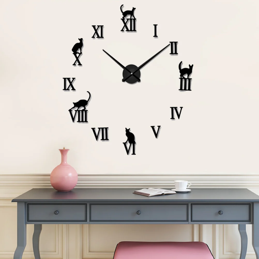 

DIY Wall Clock Roman Numbers Frameless Cartoon Small Cat Modern Wall Clock Silent 3D Acrylic Sticker Home Decoration for Liv