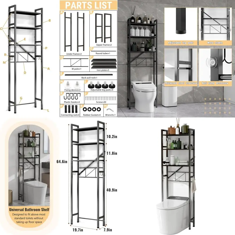 

3-Tier Metal Over-the-Toilet Storage Cabinet, Black, Freestanding Bathroom Organizer Shelf