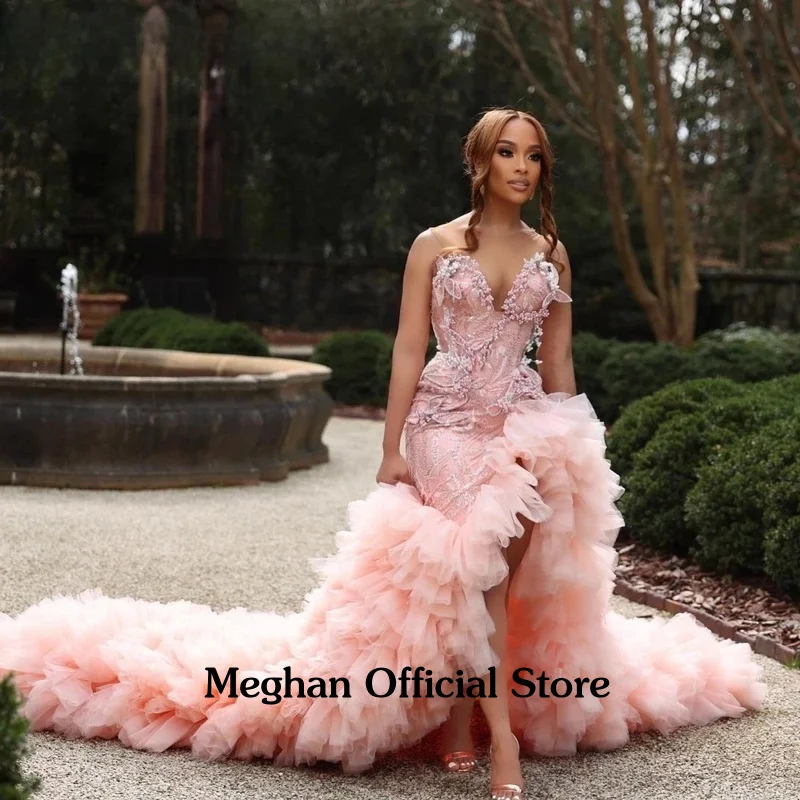 Meghan personalizado glitter rosa babados sereia vestido de baile preto meninas alta fenda floral cristal frisado festa aniversário vestido